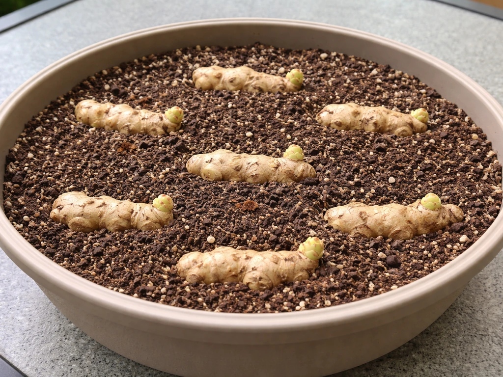 Wide shallow container with loose potting mix and ginger rhizomes laid horizontally, eyes up.