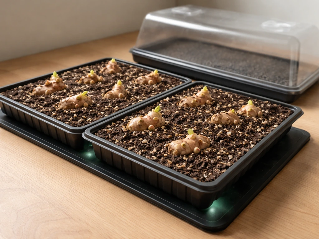 Ginger rhizome pieces pre-sprouting in shallow trays on a heat mat with lightly moistened medium