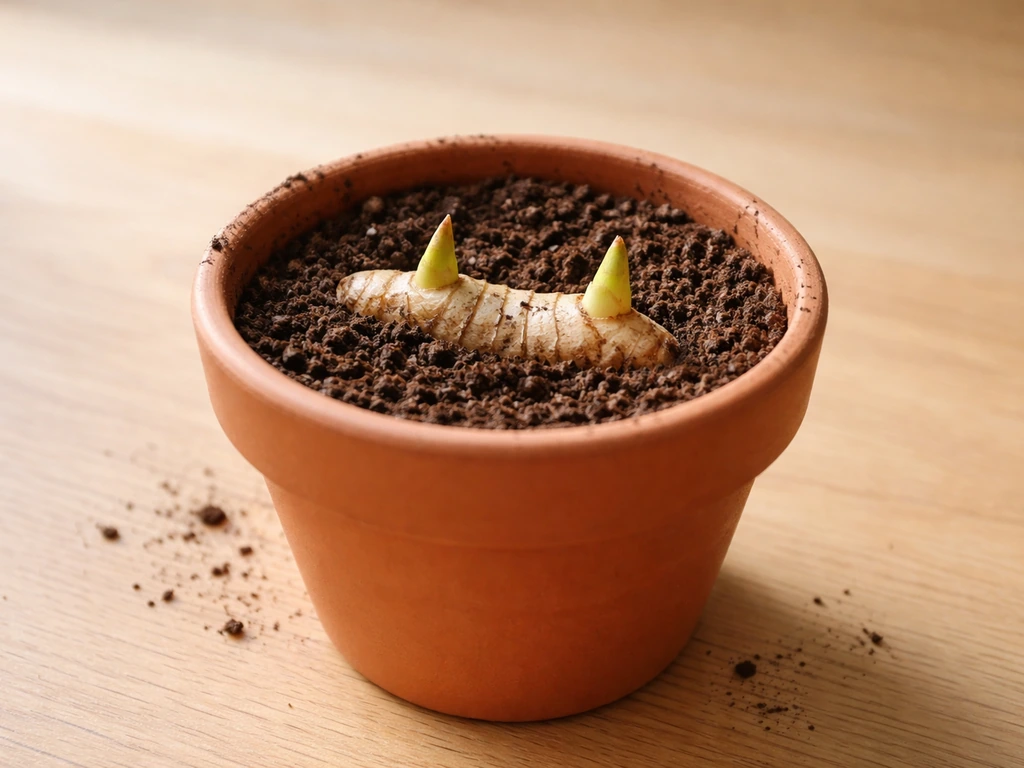 Single sprouted ginger rhizome planted in a shallow pot, eyes up, rhizome horizontal, soil visible.