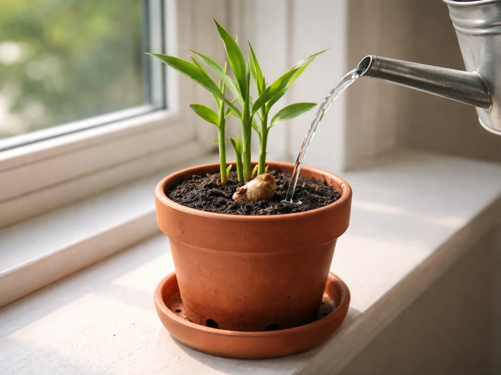 Metal watering can pouring into a ginger plant pot with drainage holes and an empty saucer visible.