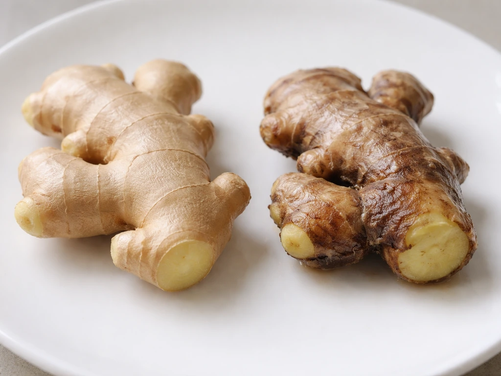 Close-up of healthy vs rotting ginger rhizomes on a white plate showing softness and discoloration.