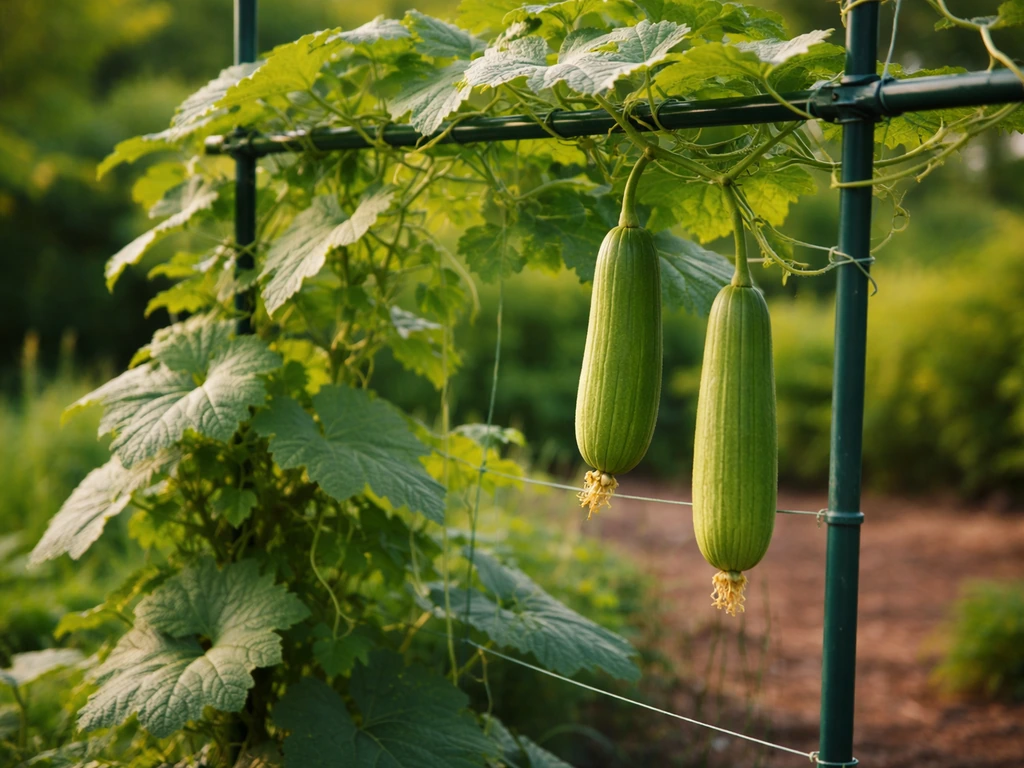 Loofah vine trellised in an Ohio summer garden with a couple of developing gourds.
