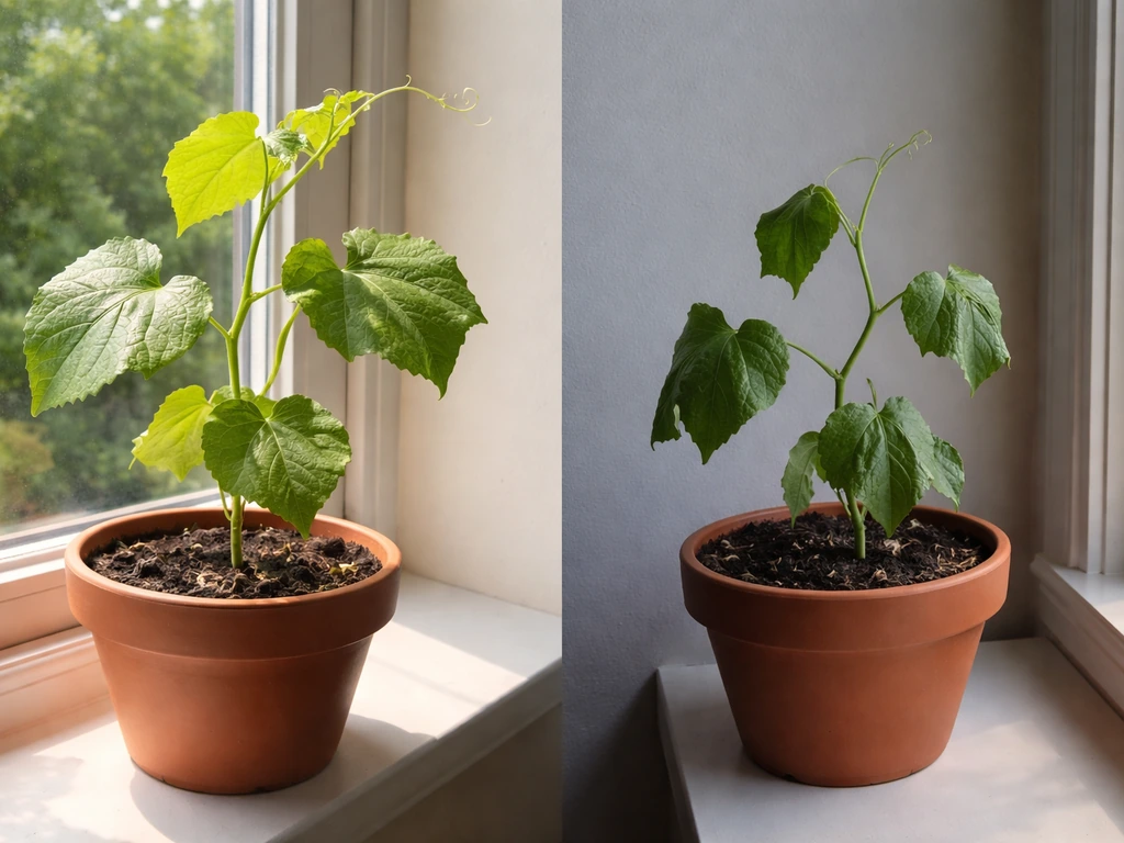 Two loofah vines in pots—one thriving in warm sun, one wilting in cool shade near a window