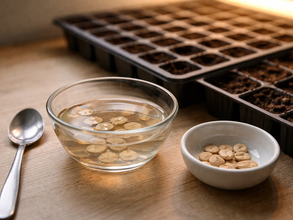 Loofah seeds soaking in a small bowl beside seed trays under warm grow lights