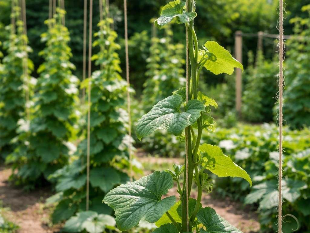 Green loofah vines climbing a trellis, showing plant spacing and the vine’s large scale.