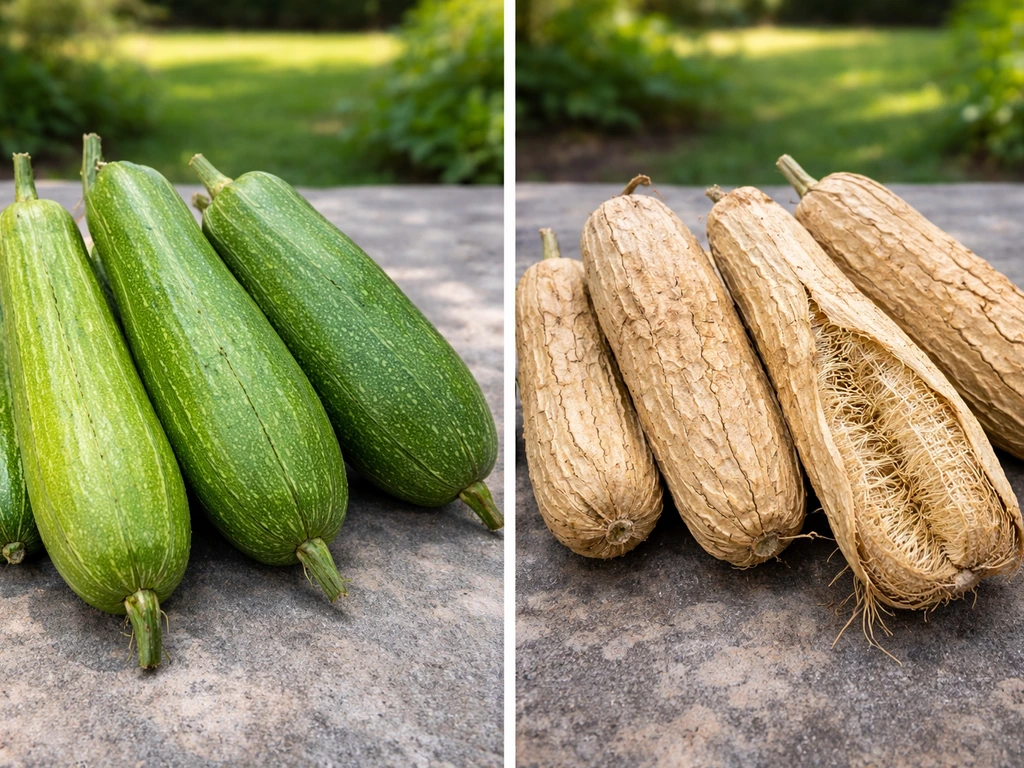 Side-by-side green loofah gourds and tan cured loofahs with peeled fibrous interior visible.