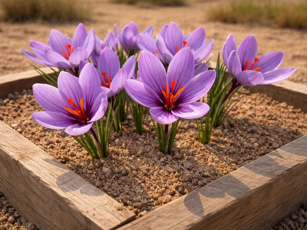 Purple saffron crocus flowers blooming in a sunny raised bed in Texas, warm desert light