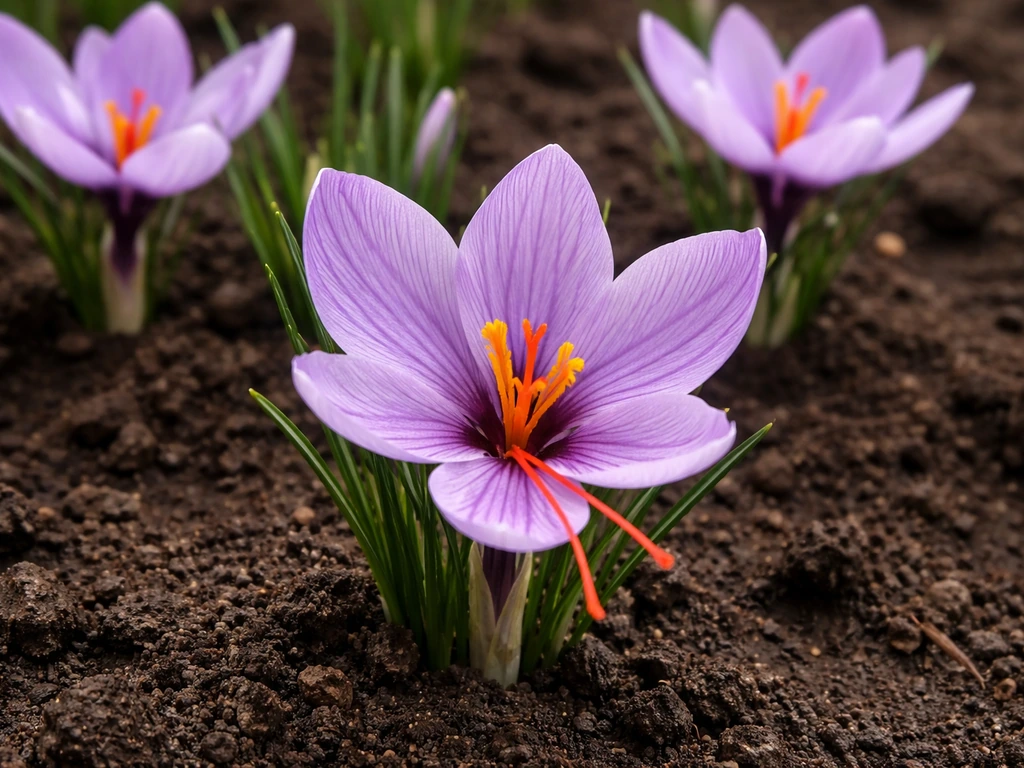 Close-up of blooming saffron crocus with red stigmas emerging from open flowers in dark soil