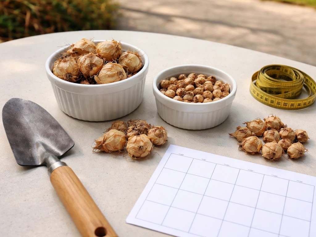 Gladiolus corms sorted by size with blank calendar sheet and tools on a patio in warm natural light.