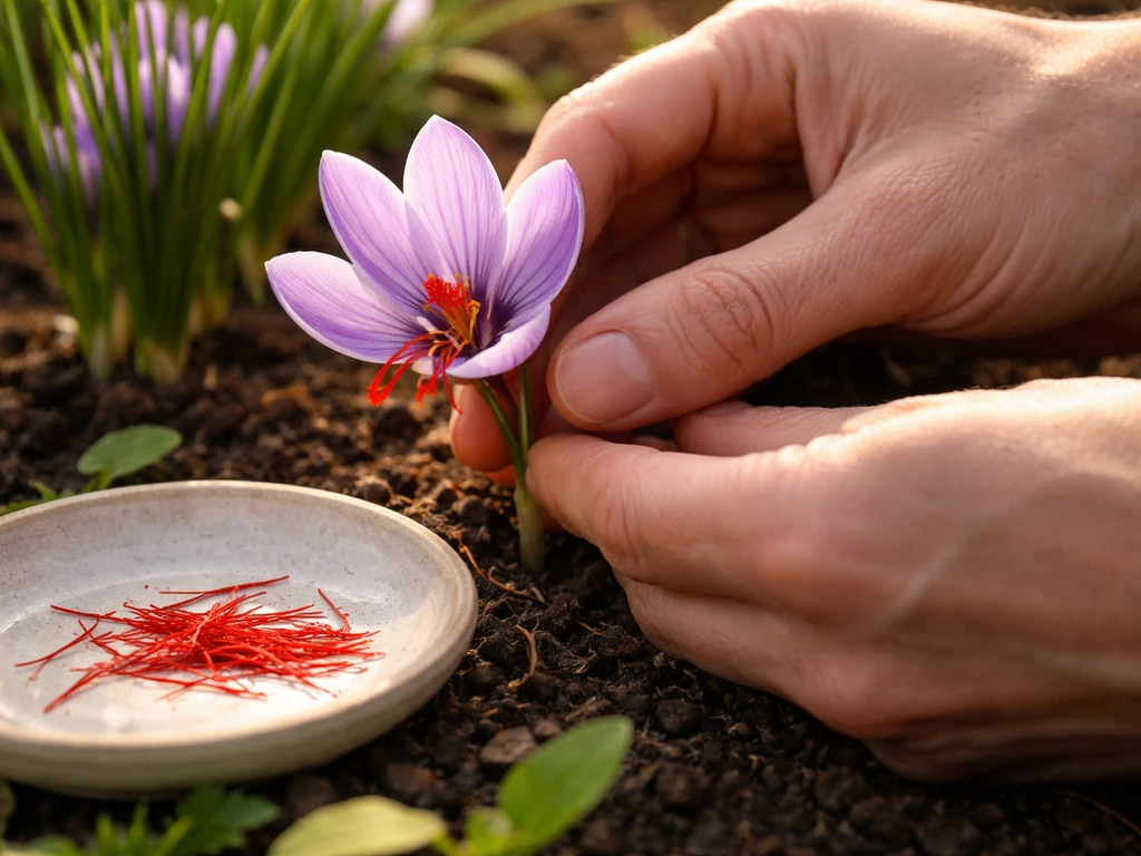 Close-up of hands picking opened saffron flowers, separating red stigmas on a small tray