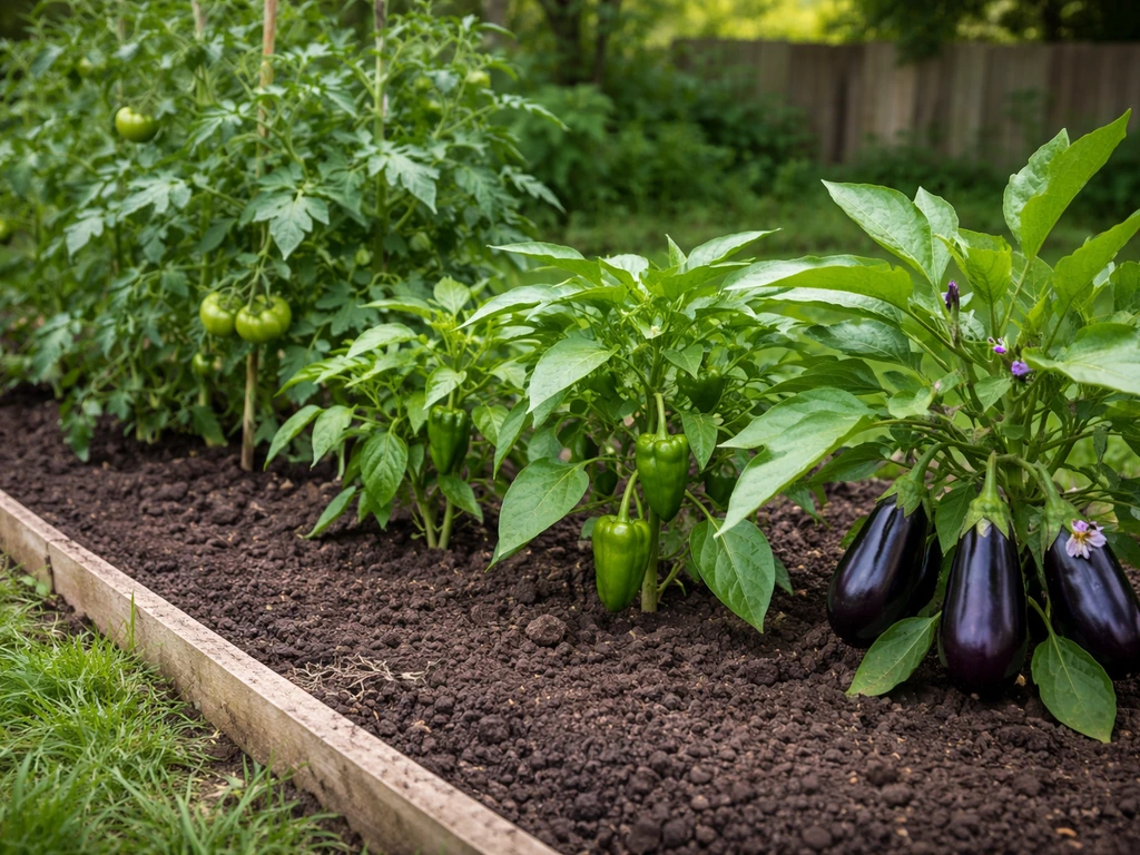 Early-summer backyard row where tomatoes, peppers, and eggplant grow together in rich soil.