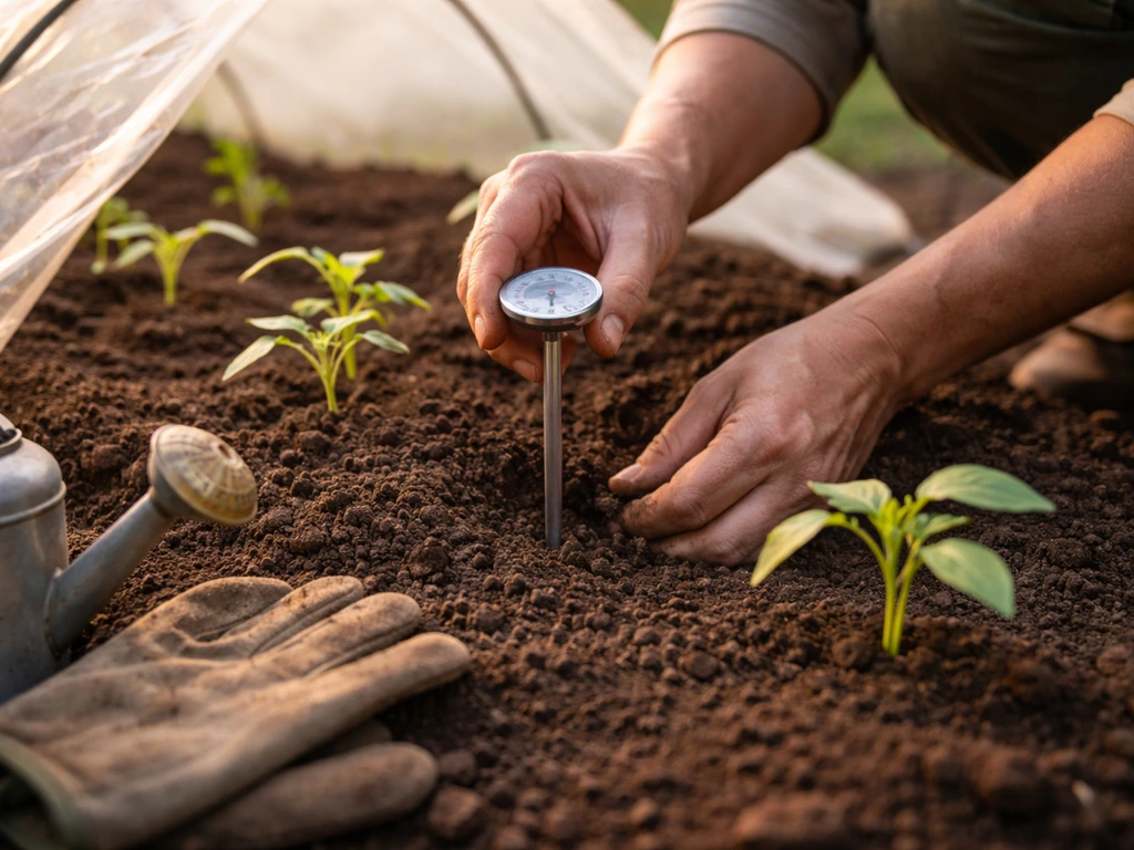 Gardener’s hands inserting a soil thermometer into warm soil beside seedlings under a low plastic cover.