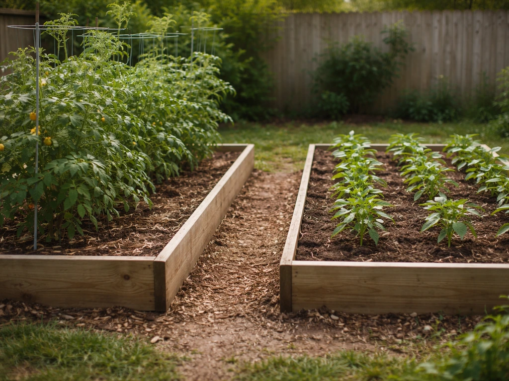 Split raised beds with staked tomato plants thriving and pepper/eggplant plants nearby in a tidy garden.
