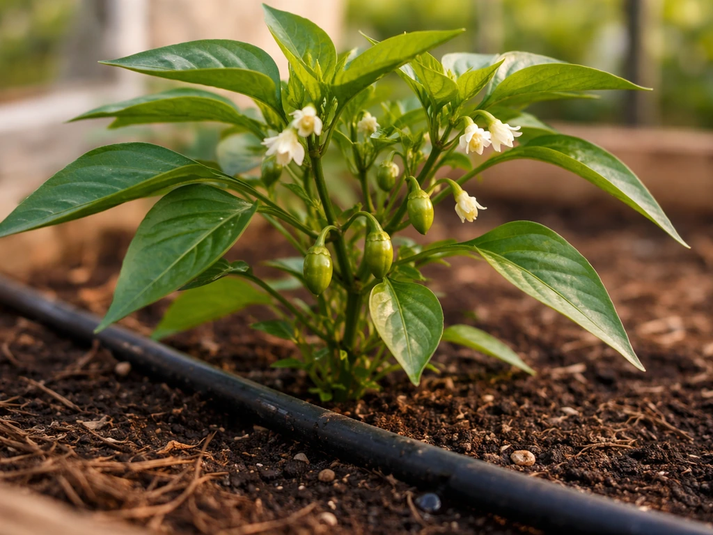 Close-up of a pepper plant with blossoms and tiny fruit set in mulched soil beside a drip line.