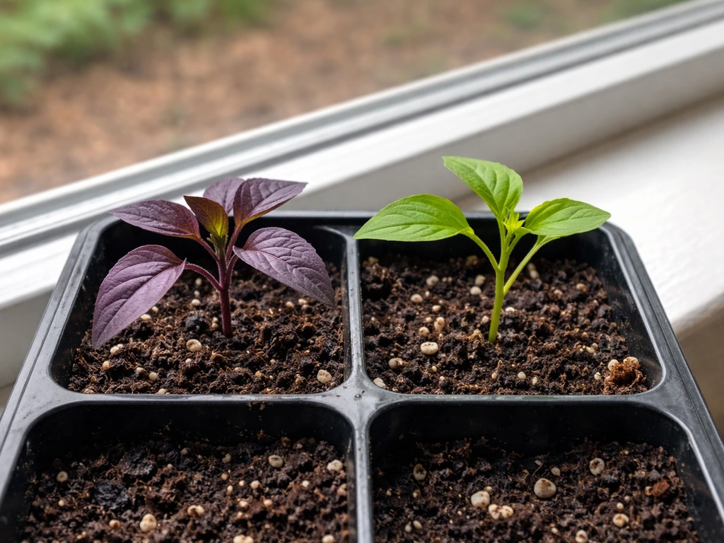 Cold-stressed eggplant/pepper seedlings with purpling leaves beside a healthy greener seedling in a tray.