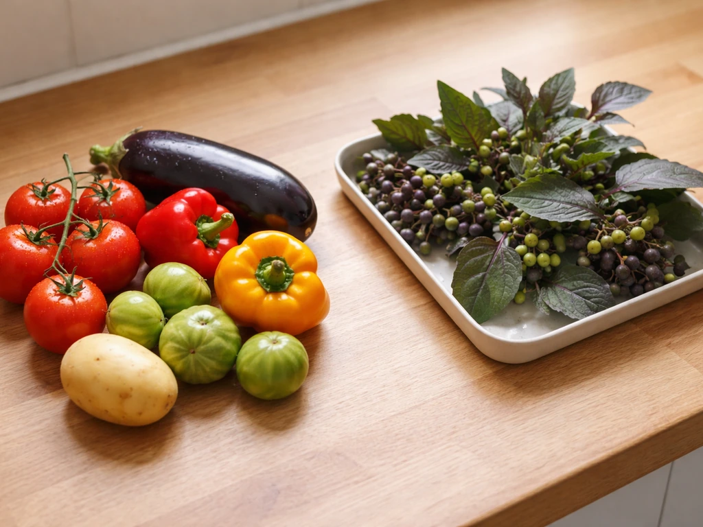 Separated display of edible nightshades and wild-looking non-edible nightshade plants on a kitchen counter.