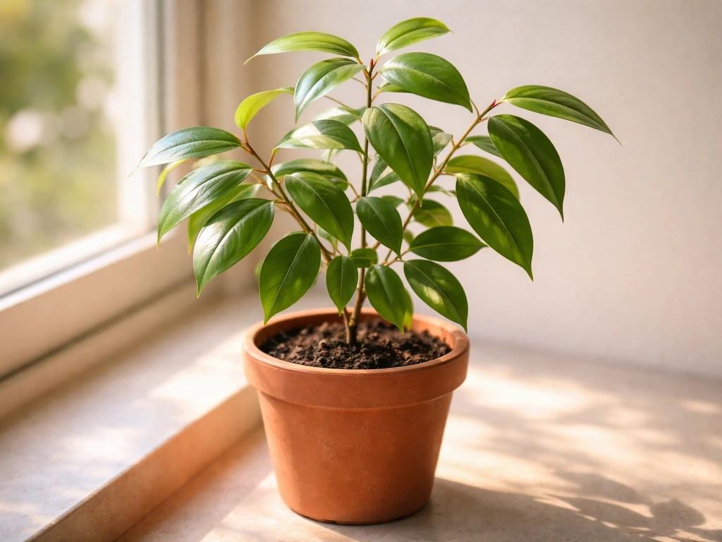 Close-up of a potted cinnamon plant with glossy leaves beside a sunlit window, suggesting indoor container growing.