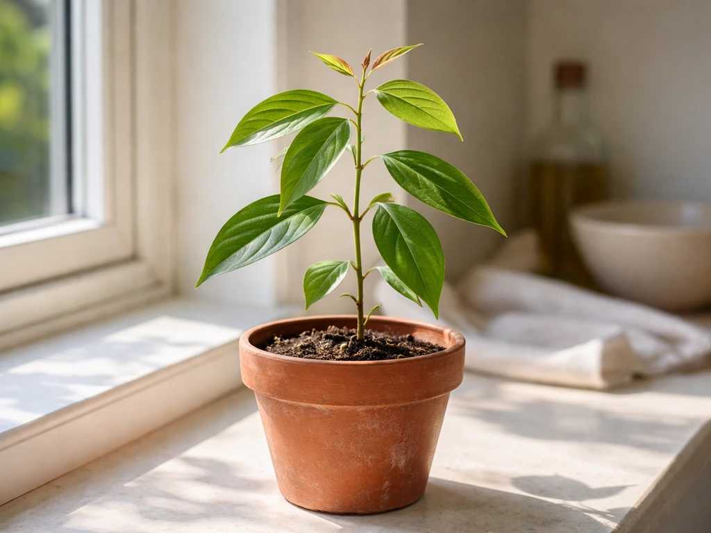 A small Ceylon cinnamon sapling in a terracotta pot on a sunny windowsill