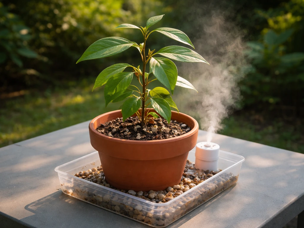 Cinnamon plant in partial shade beside a pebble humidity tray with damp, sandy loam potting mix.