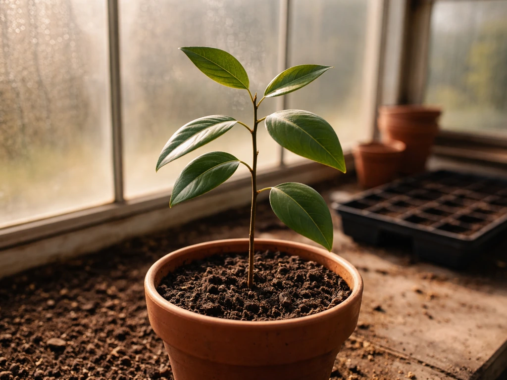 A small cinnamon plant in a warm heated greenhouse beside pots and soil trays.