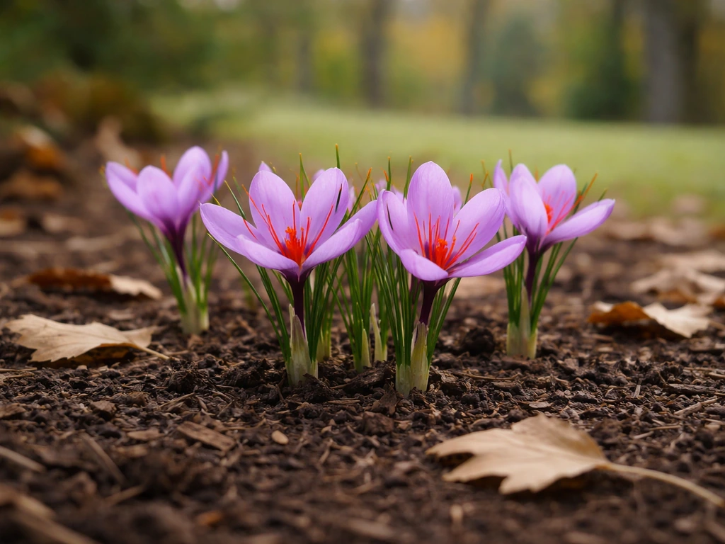 Saffron crocus blooms with red stigmas emerging in an autumn Ohio garden bed.