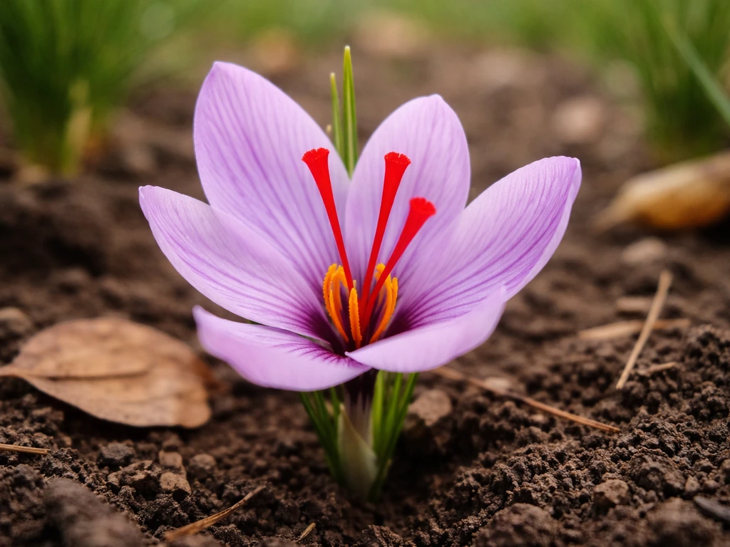 Close-up of Crocus sativus bloom showing three bright red stigmas on a soft soil background.