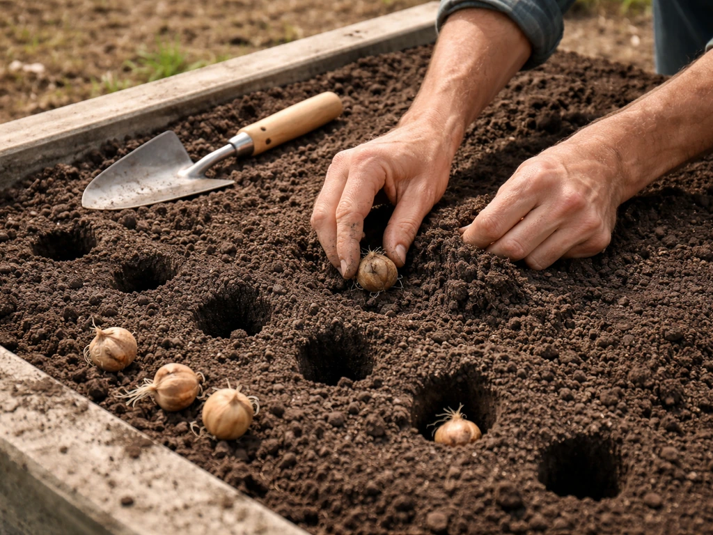 Gardener’s hands placing saffron corms into a prepared garden bed in late-summer soil