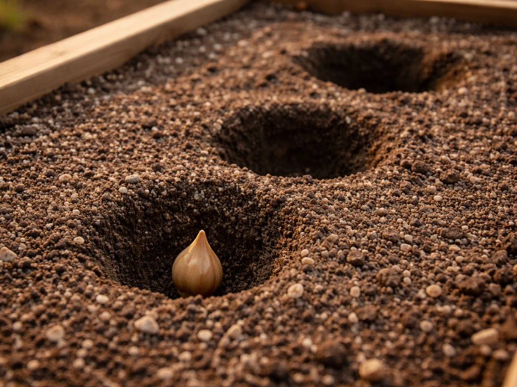 Close-up of a raised, well-drained garden bed with gritty amended soil showing corm planting depth.