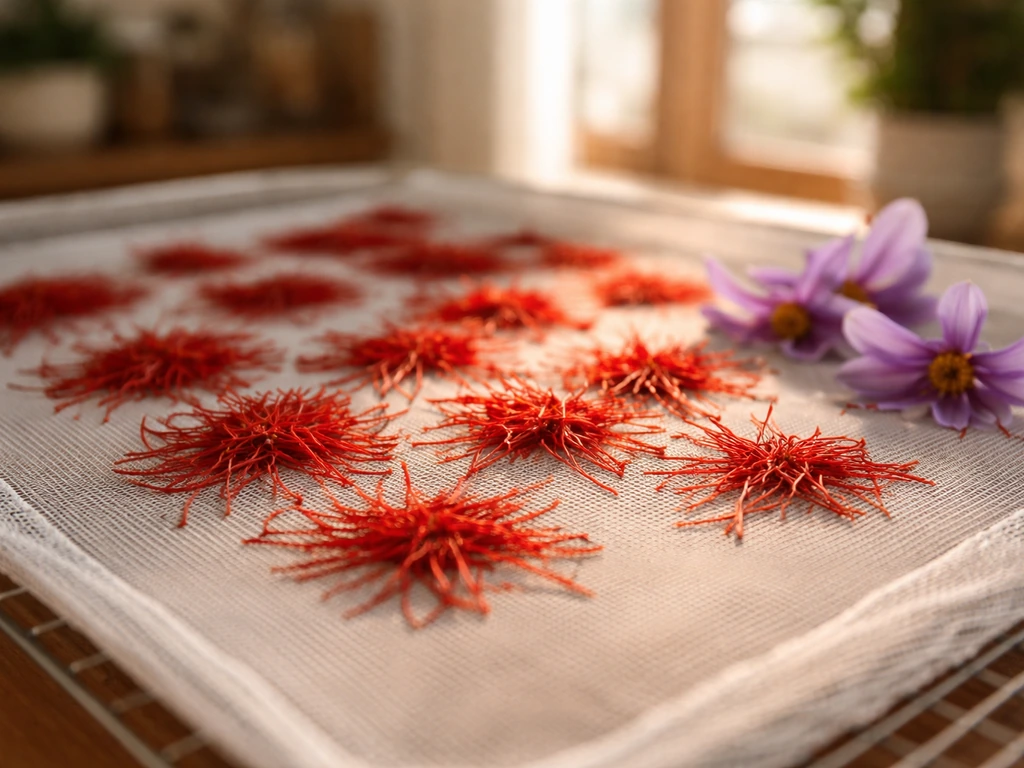 Fresh saffron stigmas drying on a fine mesh rack in a warm, airy kitchen setting.