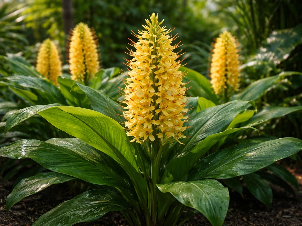 Warm golden gilded ginger flower spikes blooming in lush tropical greenery at eye level.
