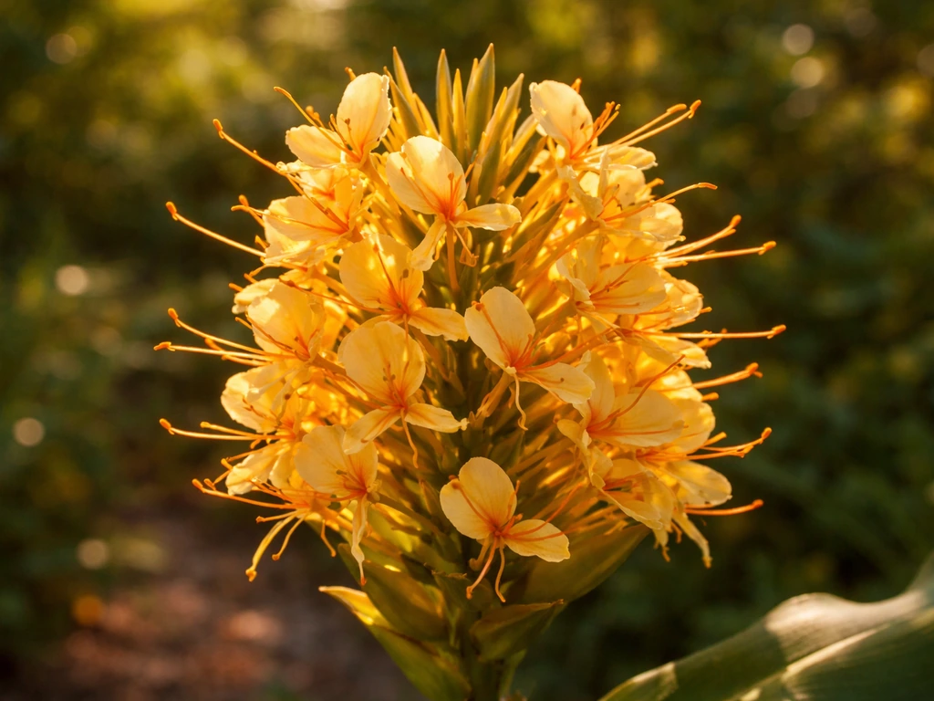 Golden Hedychium ginger flowers with warm glow, minimal background highlighting the “gilded” look