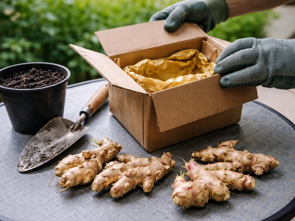 Gloved hands unbox ornamental ginger rhizomes laid out for planting beside soil and a small pot.