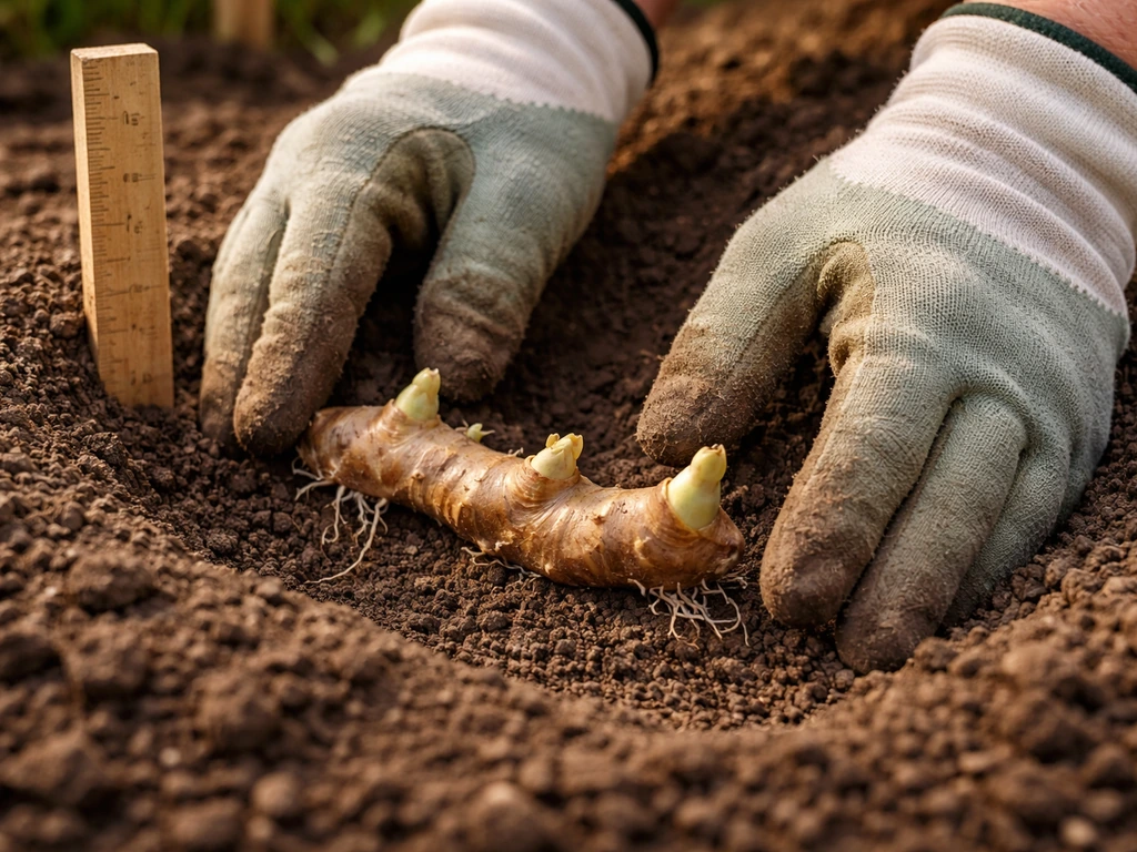 Close-up of a rhizome placed 2–4 inches deep with buds facing upward in soil