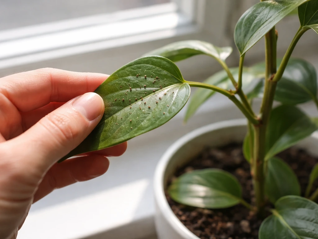 Hand inspecting a potted plant stem and leaf for tiny brown scale and spider-mite damage indoors.