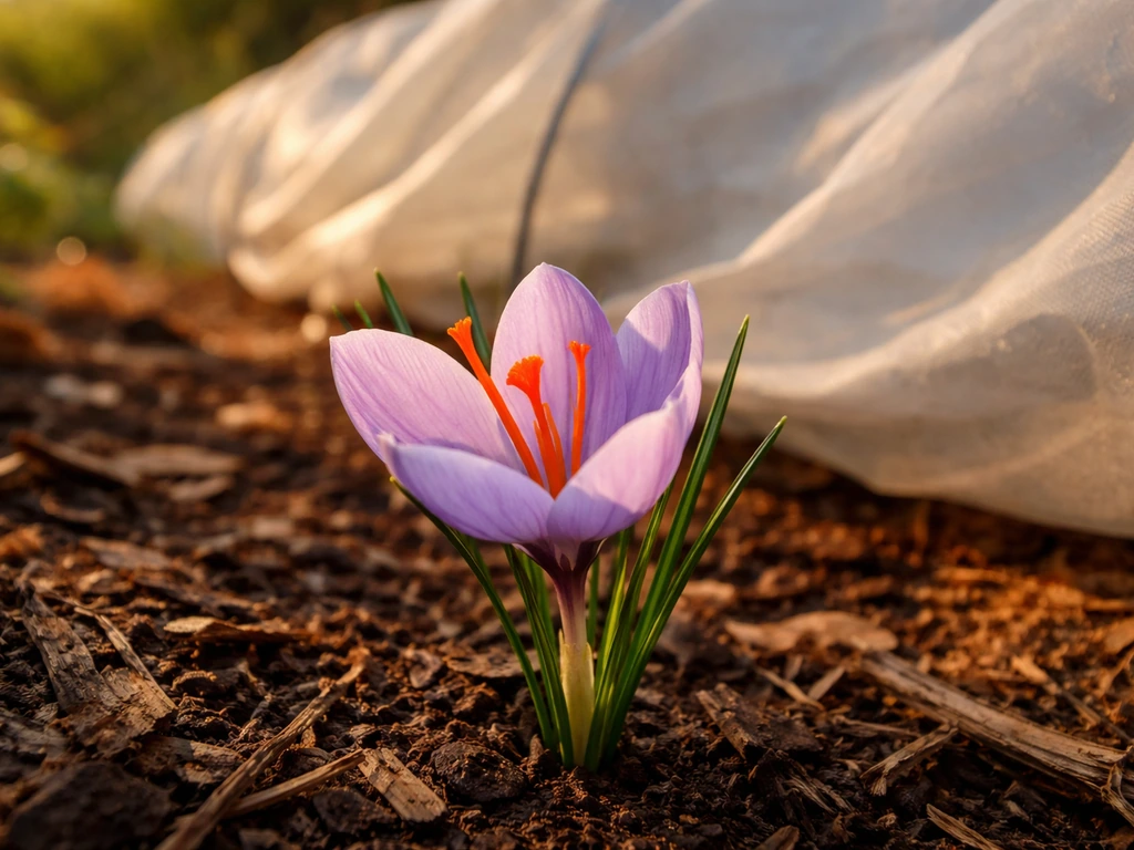 Close-up of a blooming saffron crocus in an autumn garden with mulch and a nearby protective cover.