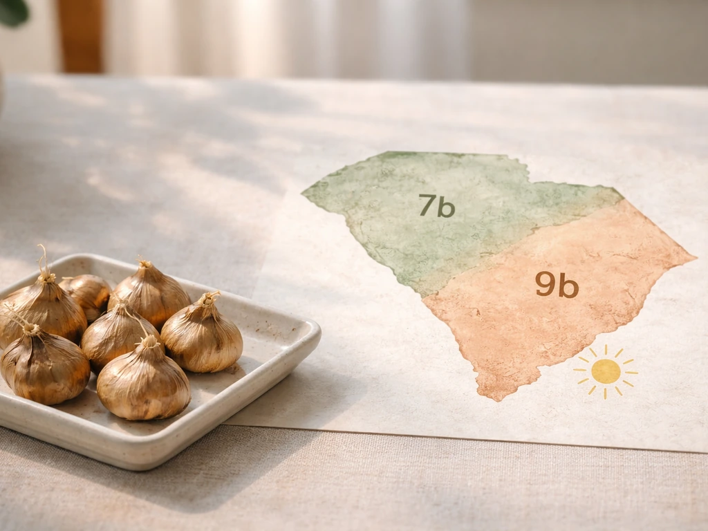 Saffron bulbs on a small tray beside a simple shaded map of SC zones 7b and 9b near the coast.