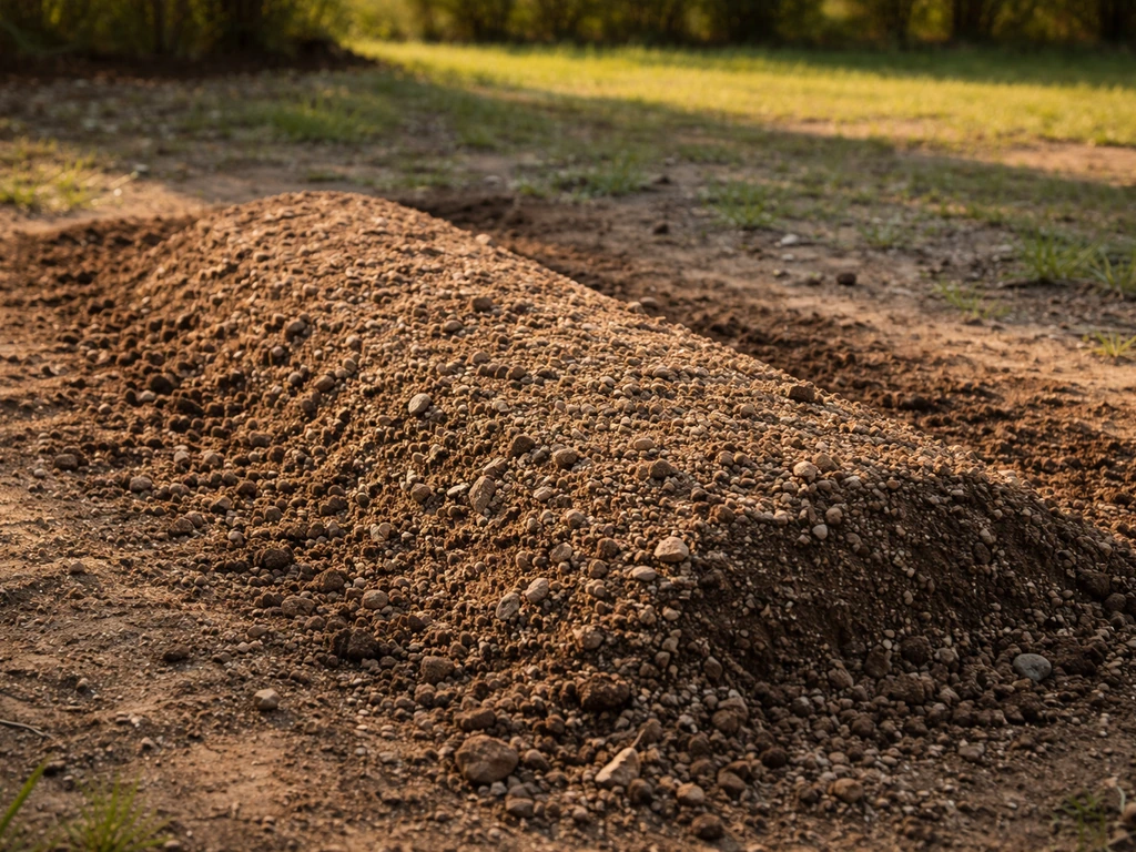 Close-up of a prepared raised garden mound with gritty amended soil, showing sunlight and mixed shade