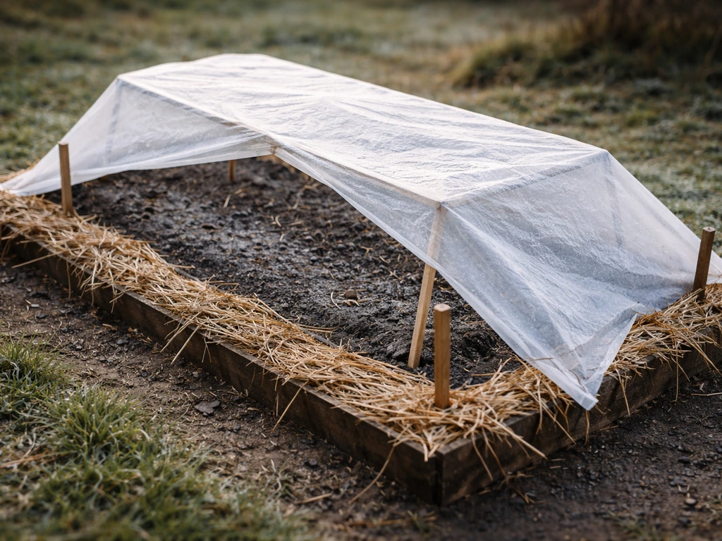Dormant saffron bed covered with frost fabric and rain-shedding mulch to prevent rot.