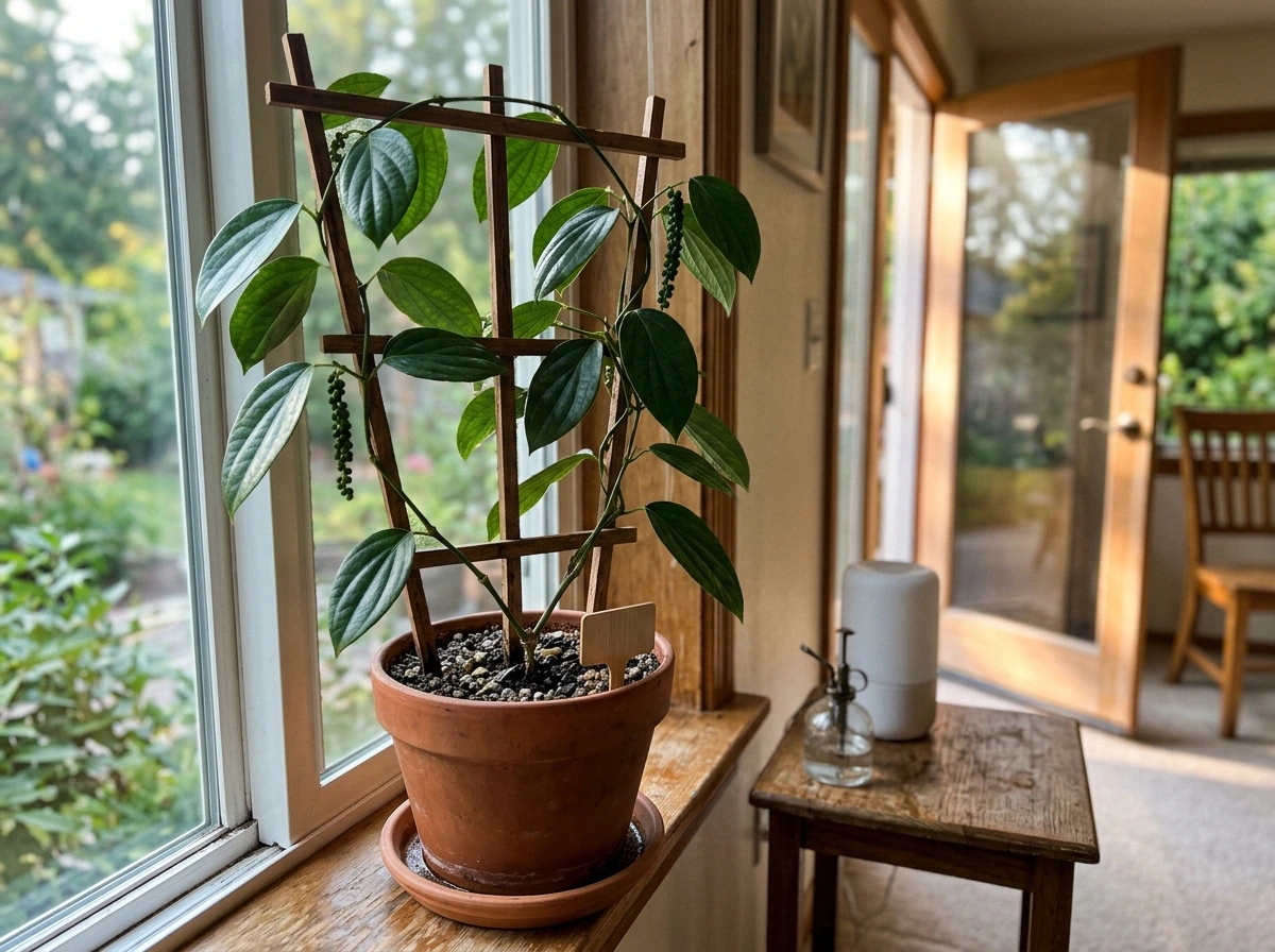 Piper nigrum vine in a pot climbing a trellis near a bright window at home
