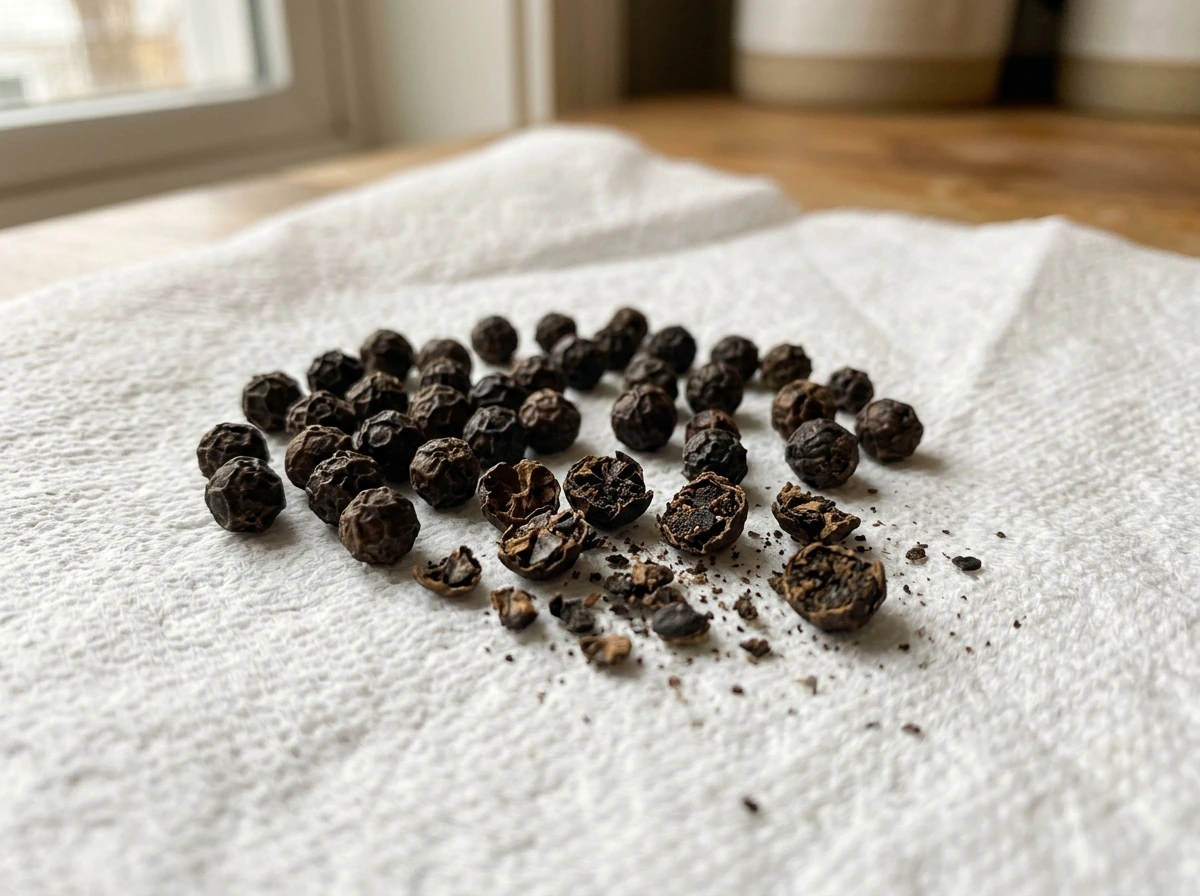 Black peppercorns laid out for seed starting