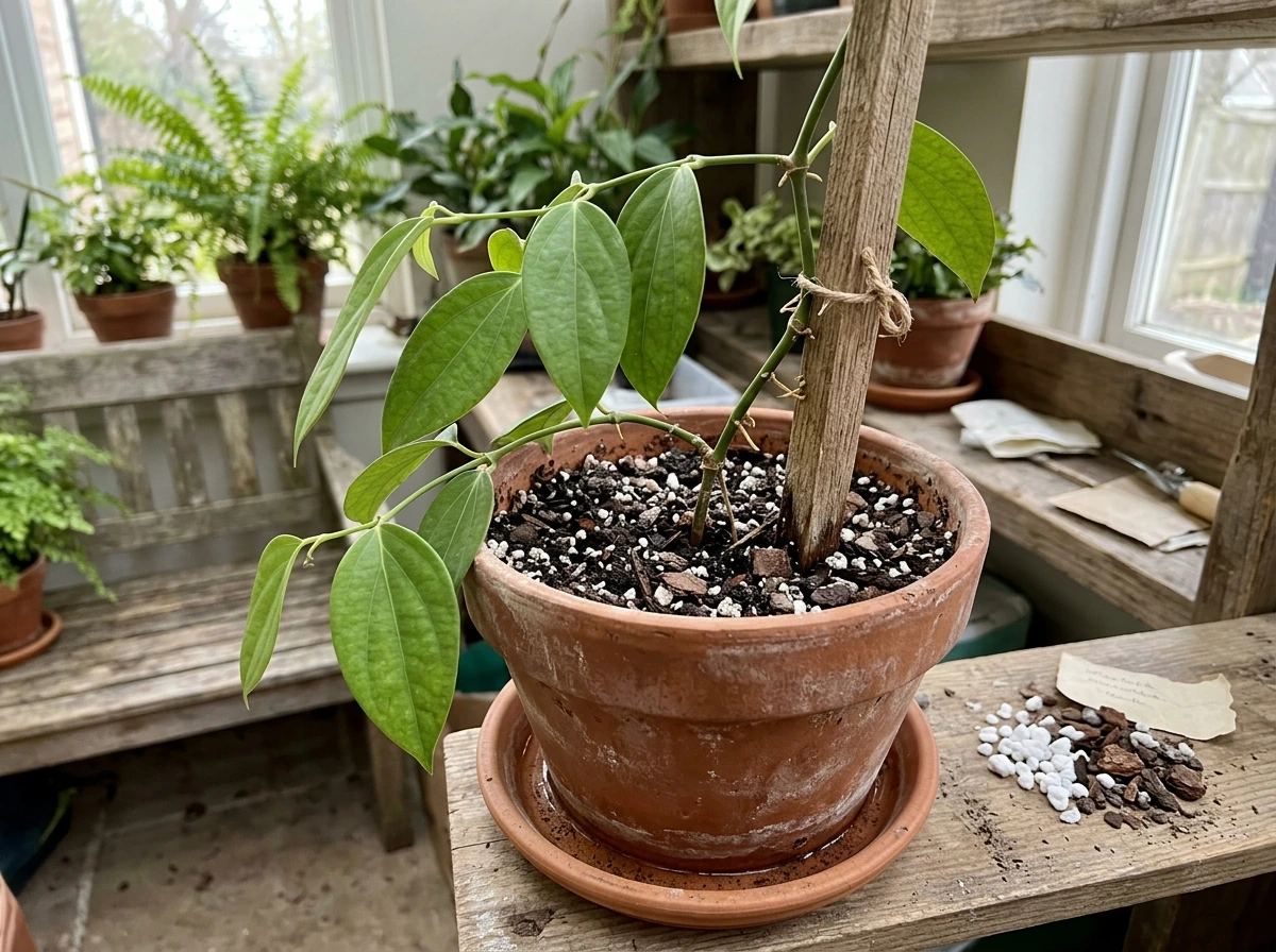 Black pepper vine planted in a container with trellis and fast-draining soil