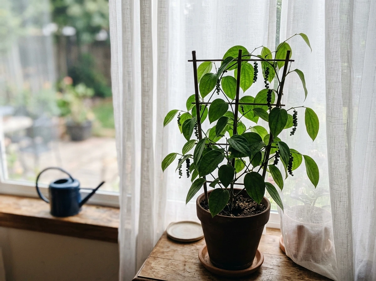 Black pepper plant near a bright window under partial shade