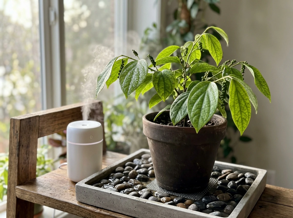Humidity setup with a black pepper plant on a tray of water and a small humidifier