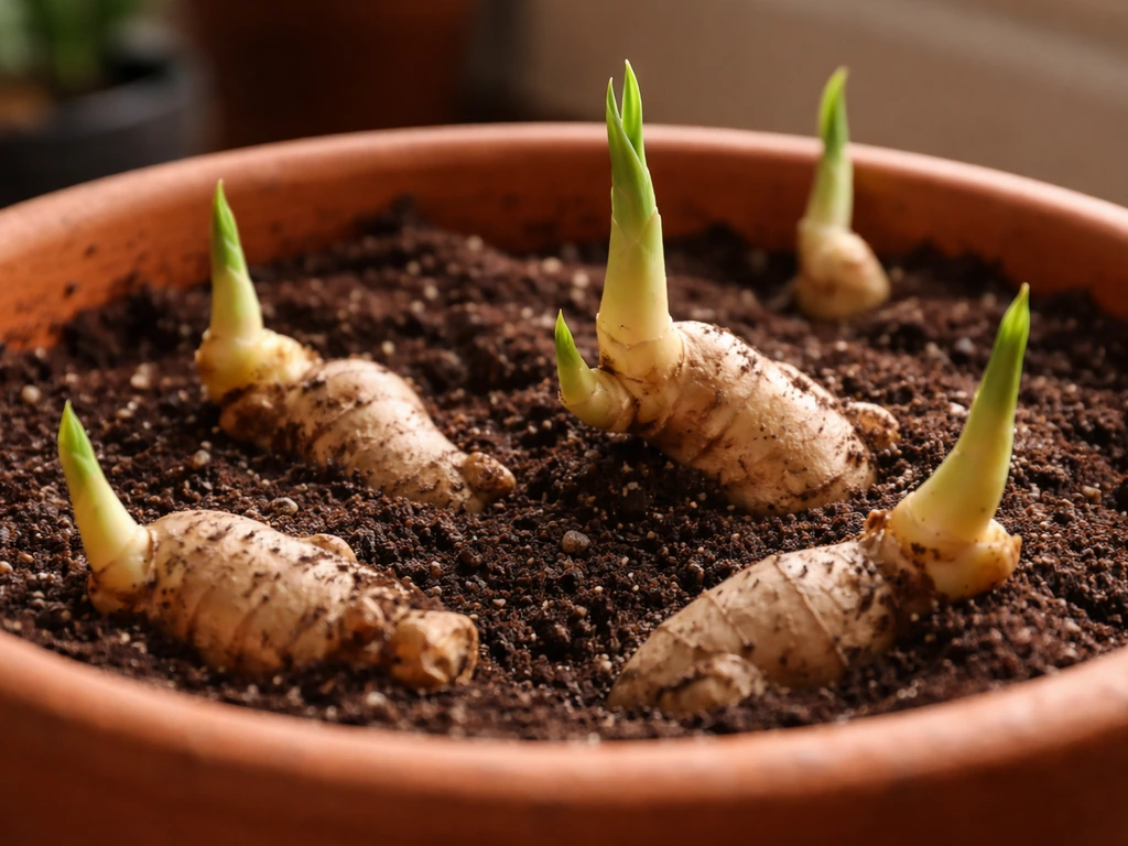 Close-up of ginger rhizomes sprouting in a warm indoor pot setup with fresh green shoots.