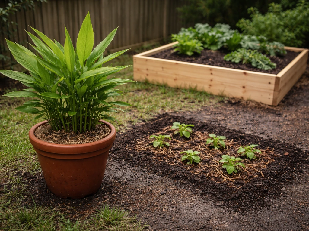 Ginger plant in a terracotta pot beside a raised bed and an in-ground planting area in a Michigan backyard.