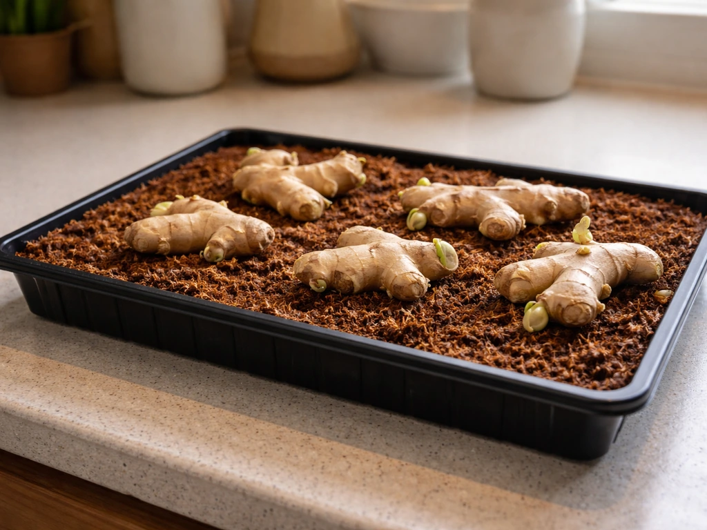 Ginger rhizome pieces in moist coconut coir in a shallow tray with small sprouts emerging.