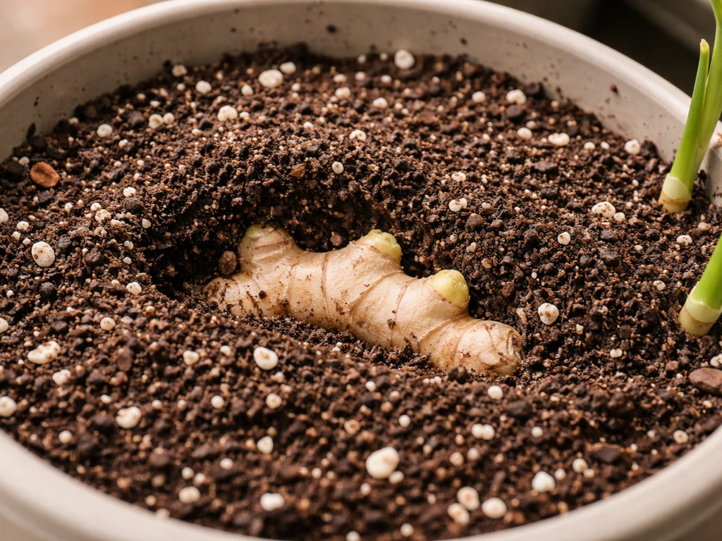 Close-up of ginger container soil mix with perlite and compost, rhizome lightly covered at correct depth.