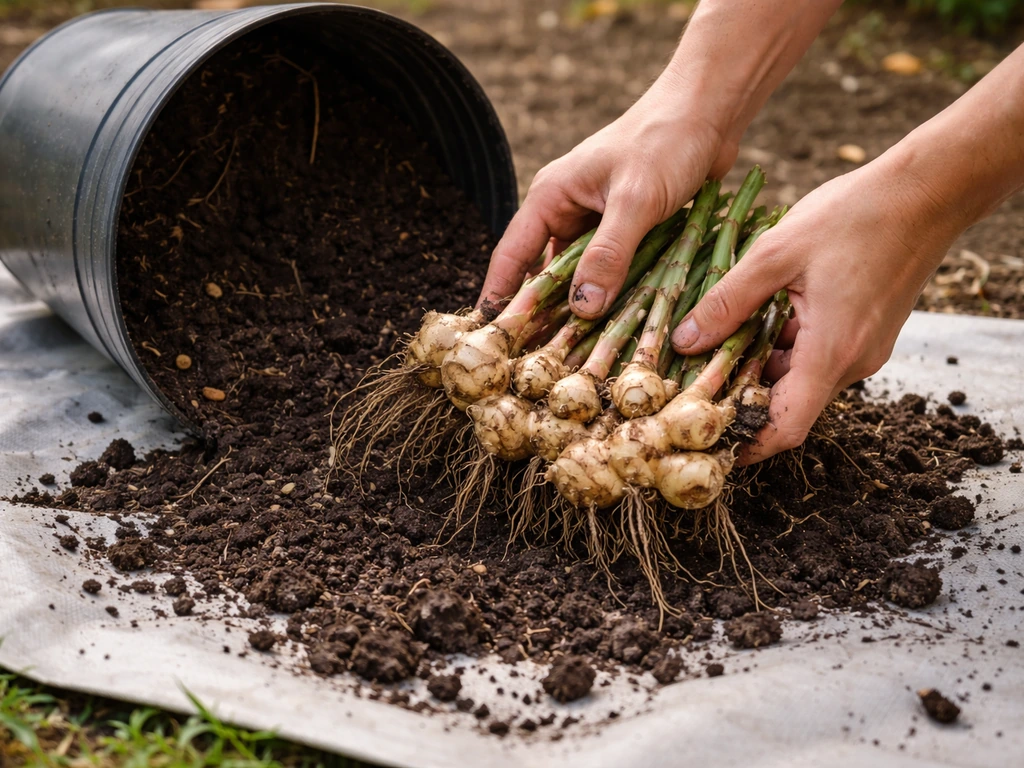 Hands pull ginger rhizomes from a tipped container onto a tarp, showing exposed roots and soil.