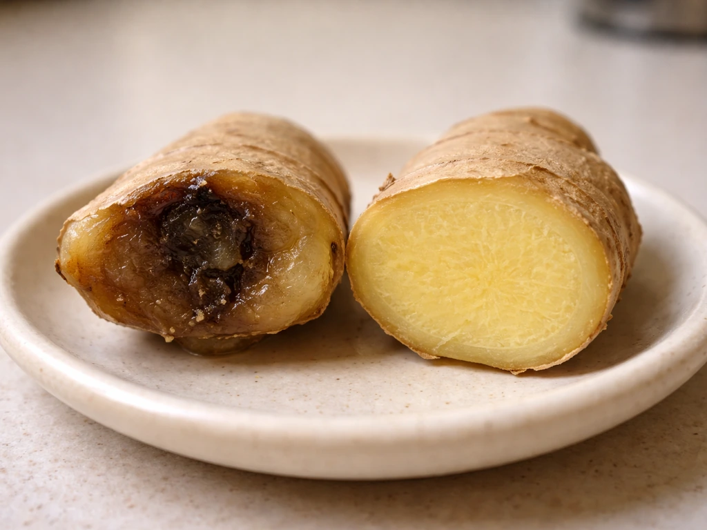 Two ginger rhizome halves on a plate: one dark and mushy, the other firm and healthy.