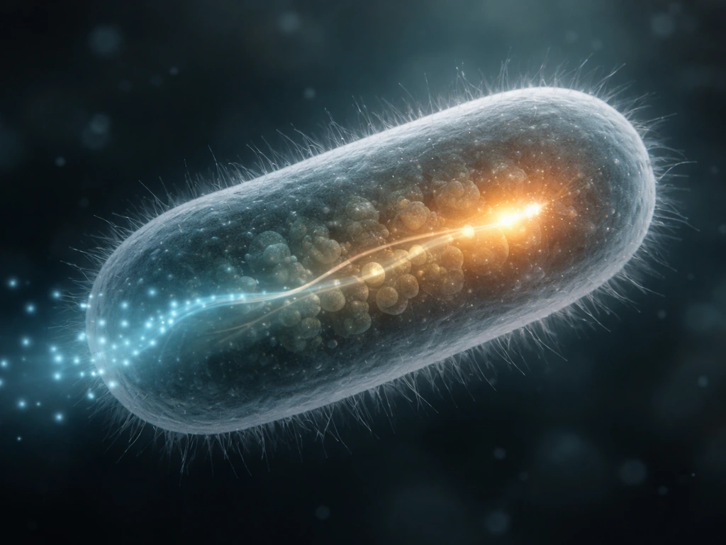 Close-up of a glowing bacterial cell with faint oxygen-like light paths leading through an electron transport chain.